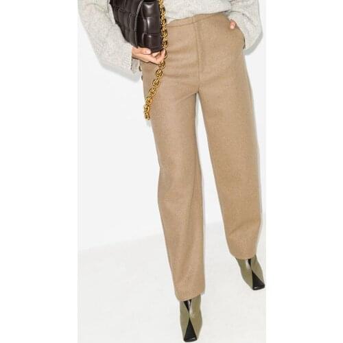 Women Woolen Straight Long Pants Lady High Waist Zipper Casual Thick Trousers Female Casual Pants 2021 Autumn Winter