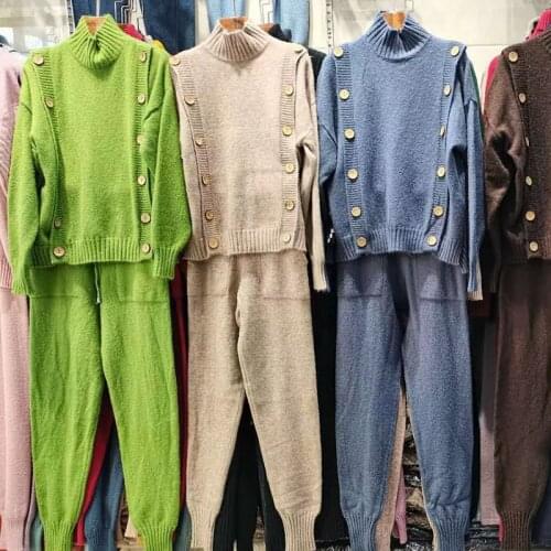 Knitted Autumn Turtleneck Women Sweater 2 pieces Set Thicken Female Autumn Pullover And Pants 2021 Sweater Suit Female Track set