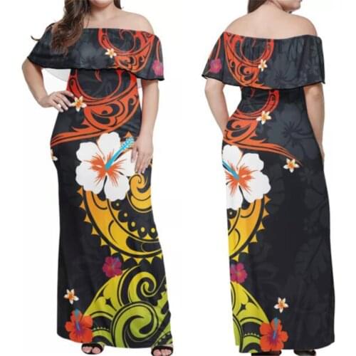 Jackherelook Elegant Women Off Shoulder Dress Polynesain Tribal Hawaiian Hibiscus Floral Print Summer Ladies Long Maxi Dresses