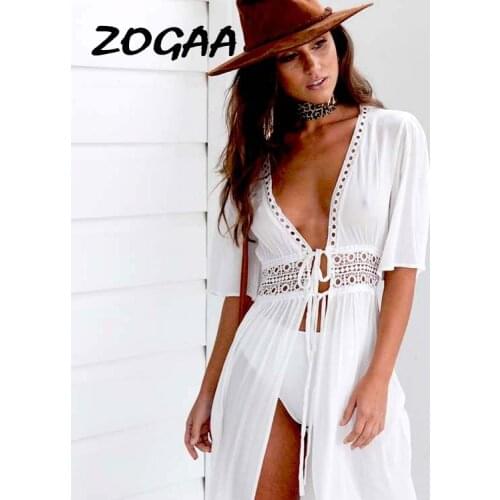 ZOGAA Boho Summer Beach Dress Women Bikini Cover Up Tunic Robe Pareos Short Sleeve Long Maxi Dress Sarong Beach Wear Swimwear