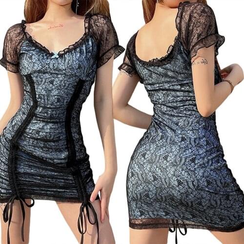 2021 Women’s Summer Casual Short Sleeve Skinny Dress Fashion Lace Stitching Drawstring Pleated Short Dress Solid Color Bandage