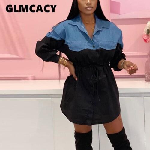 Women Casual Vintage Denim Shirt Dress Long Sleeve Irregular Hem Long Tops Shirts Oversized Vestidos