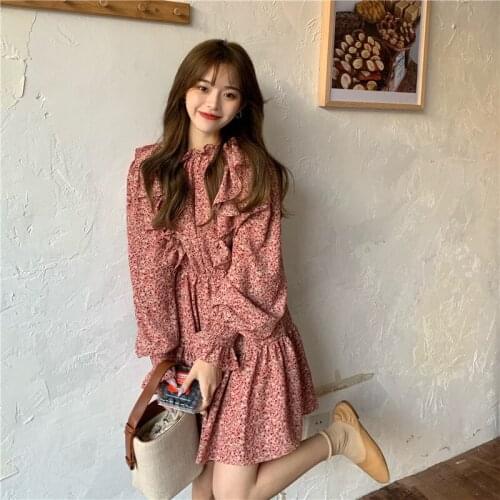 French Vintage Print Floral Dress 2021 Newest Women Stand Neck Long Sleeve Knee Length Dress Students Ruffles Vestidos Mujer