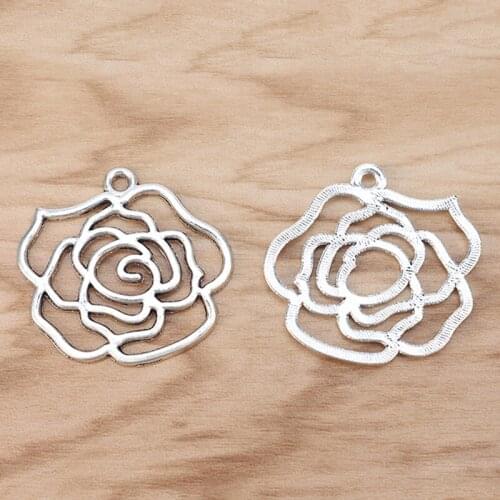 10 Pieces Filigree Rose Flower Charms Pendants for Necklace Bracelet Jewellery Making Findings 40x37mm