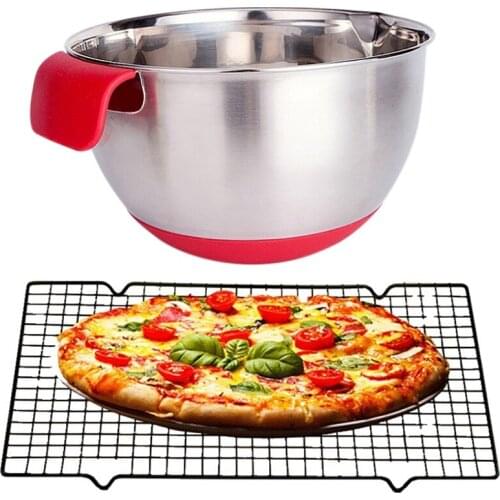 1X Silicone Handle Stainless Steel Scale Mixing Bowl & 1Pc Carbon Steel Non-Stick Cooling Rack Cooling Grid Baking Tray