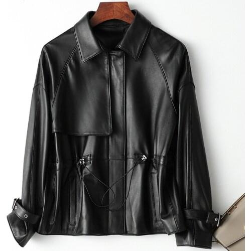 2020 Casual Plus Size Women Real Jacket Slim Drawstring Quality Lambskin Genuine Leather Coat Harajuku Clothes Female