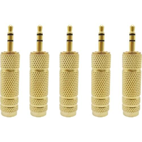 5Pcs/Lot 6.35 Jack Stereo Audio Plug Connectors Gold-Plate 3.5mm Male Plug to 6.35mm Headphone Female Socket Terminals Adapter