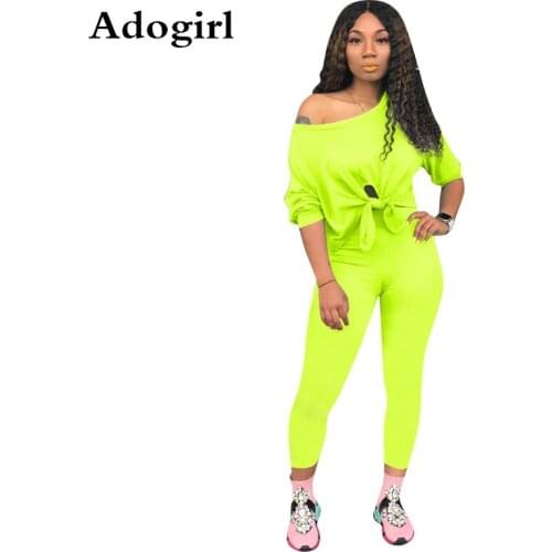 Adogirl Women Solid Color 2 Piece Set Tie Up Off Shoulder Long Sleeve T Shirt Crop Top Pencil Pants Female Sportwear Tracksuits