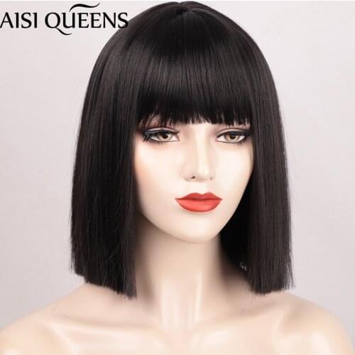 AISI QUEENS Short Straight Synthetic Wigs Black Bob Wigs with Bangs for Women Cosplay/Birthday Party Hair Heat Resistant False