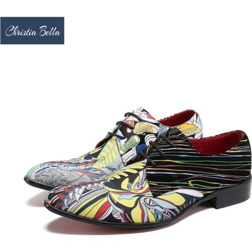 Christia Bella Fashion Print Party Formal Men Oxford Shoes Genuine Leather Brogue Shoes Lace Up Business Dress Shoes Plus Size