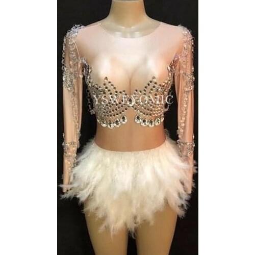 YSWEYOMIC Crystals Jumpsuit Nightclub Party Women Sexy Skin Color Bodysuit Short White Feather Skirt Glass Costume