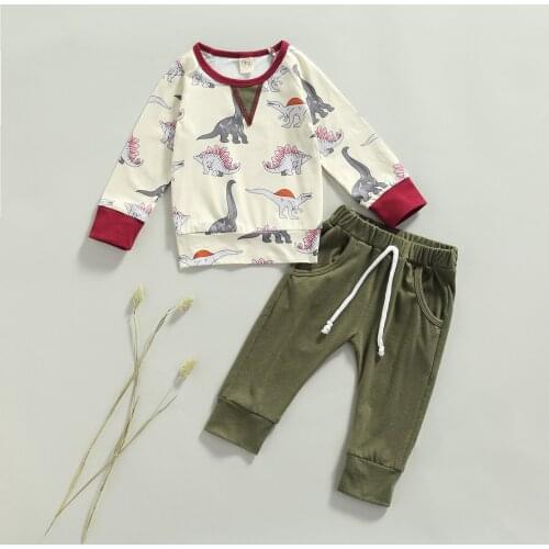 FOCUSNORM 0-24M Infant Baby Boys Clothes Sets Dinosaur Printed Long Sleeve Pullover Tops Solid Pocket Pants 2pcs