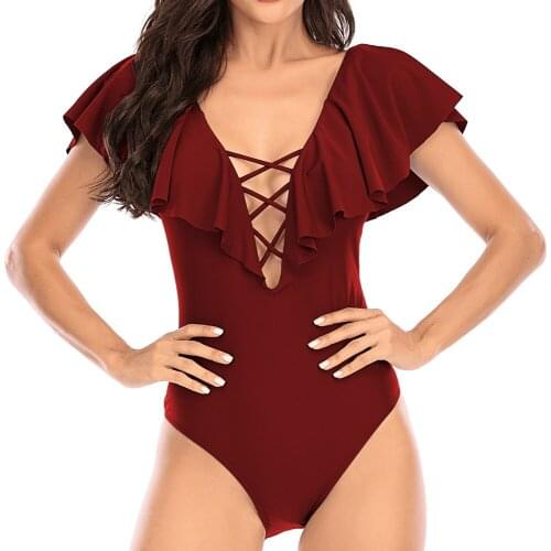 GossinaOne Piece Swimsuit Women Vintage Swimwear V-Neck Bathing Suit Cross Bandage Bodysuit Ruffle Summer Beachwear 2021