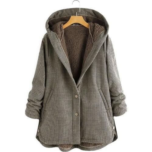 Coat Autumn and Winter New Womens Plaid Loose Plus Velvet Buttons High Street Hooded Jacket Manteau Femme En