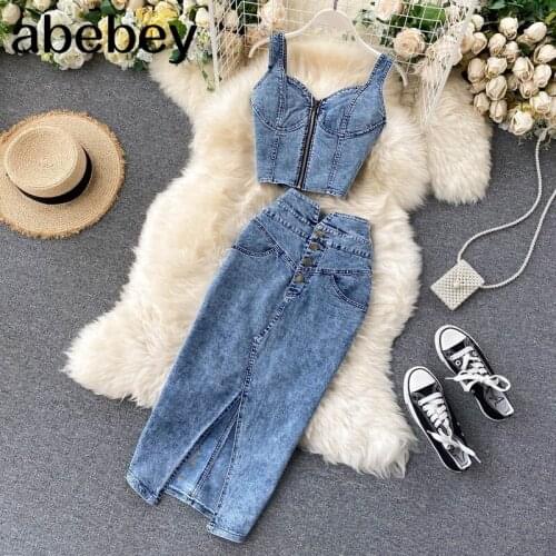 Fashion Women Suit 2021 New Feminine Short Camisole High Waist Denim Skirt Trendy Ladies Jeans Vest 2 Piece Set Women Solid Suit