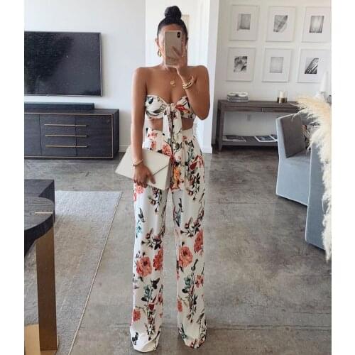2021 New Fashion Two Piece Sets Women Summer Sexy Outfits Flower Print Lace-up Tube Top and High Waist Long Pants Suits Clubwear