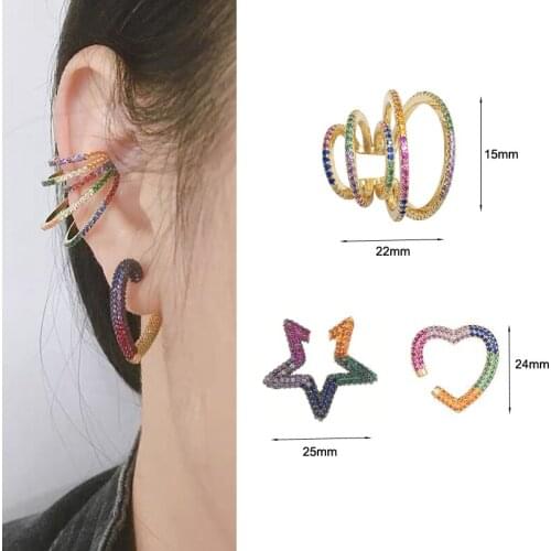 Top New Cute Multilayer Bone Line Rainbow No Ear Hole Clip Earrings Fancy CZ Star Heart Buckle Earrings For Women