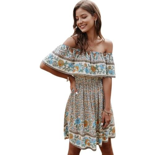 2021 Summer Women Sexy Slash Neck Floral Print Pleated Dress Elastic Waist Casual Beach Sundress Vestidos Mujer De