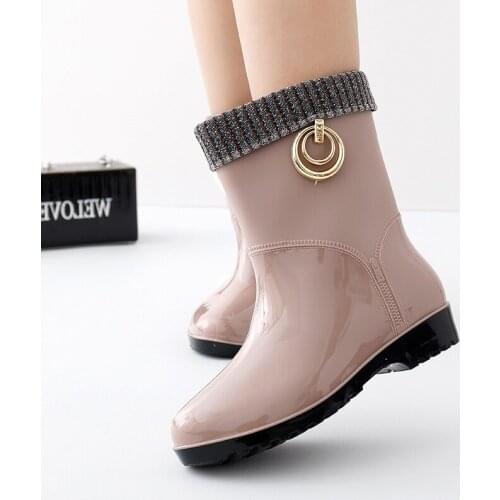 Rubber Rain Boots For Women Waterproof Warm Plush Fur Fashion Shoes Ladies Short Ankle Rainboots 2020 Non-slip Fur Leather Boots
