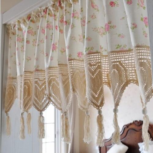 Rusitc Pink Rose Print Love Crochet Tassel Kitchen Curtain Cafe Curtain