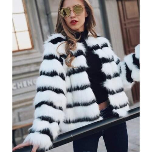 Chic Winter Faux Mink Fur Coat Spliced Ladies Furry Bomber Jacket Loose O-Neck Mixed Color Striped Cardigan Abrigos Mujer Tops