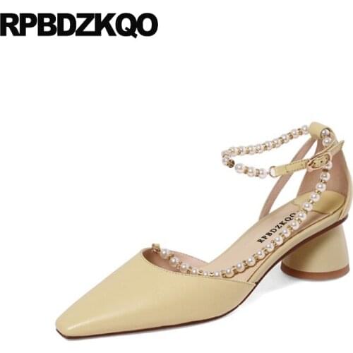 Beaded Wedding Shoes Pointed Toe Ankle Strap Bridal Pearl New Genuine Leather Crystal High Heels Yellow Pumps Block Sweet Women