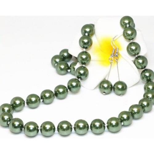 Unique design green necklace earrings set simulated-pearl shell round 10mm beads high grade women gifts jewelry 18inch B2341