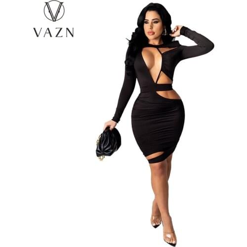 VAZN New 2021 Solid Party Dress Pleated Full Sleeve Sexy Regular Dress Women Elegant Fashion Dress Slim Dress