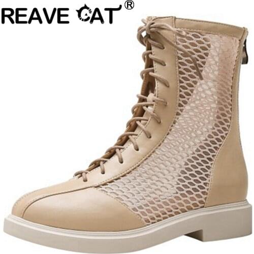REAVE CAT New 2021 Women Ankle Boots Round Toe 3cm Block Heels Mesh Patchwork Lace-Up Zip Cool Breathable Big Size 43 A3618