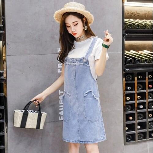 Women Summer Kawaii Straps Dress Casual Student Girls Suspenders Denim Dresses Knee Length Tassels Pockets Streetwear Jean Dress