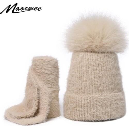 Mink Hair Beanie Hat Scarf Set For Child And Women Winter Knitted Warm Hat With Real Fox Fur Pompon Soft Hedging Caps Scarf Sets