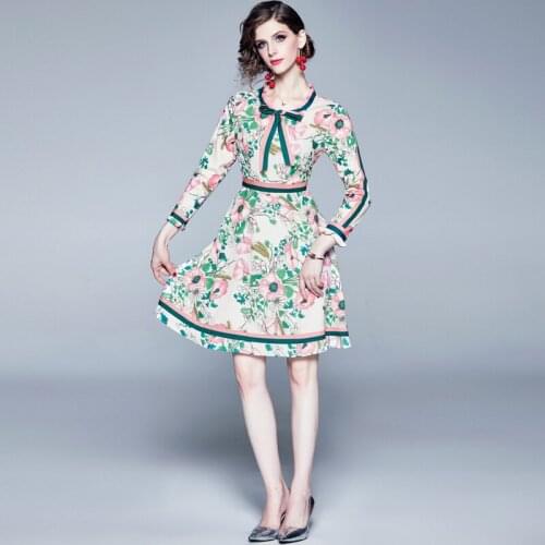 2020 Autumn New Fashion Runway Womens Bow Collar Long sleeve Multicolor Floral Print Vintage Elegant party Dress