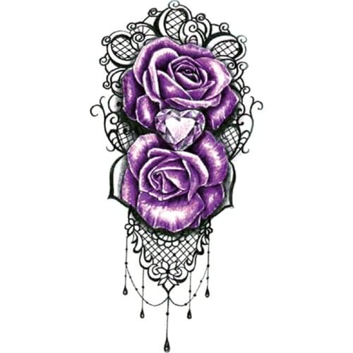 Watercolor Purple Rose Temporary Tattoo Stickers Black Lace Jewelry Necklace Fake Tattoos Waterproof Tatoos Arm Large Size Women