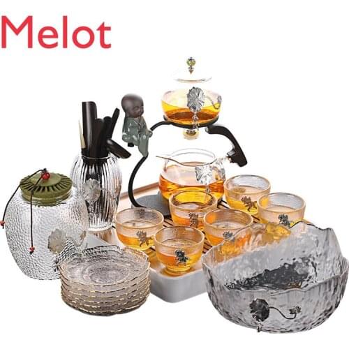 Zen Tin-Inlaid Glass Lazy Man Teaware Full & Semi Automatic Tea Making Device Office Transparent Tea Set Tea Cup Set of 6