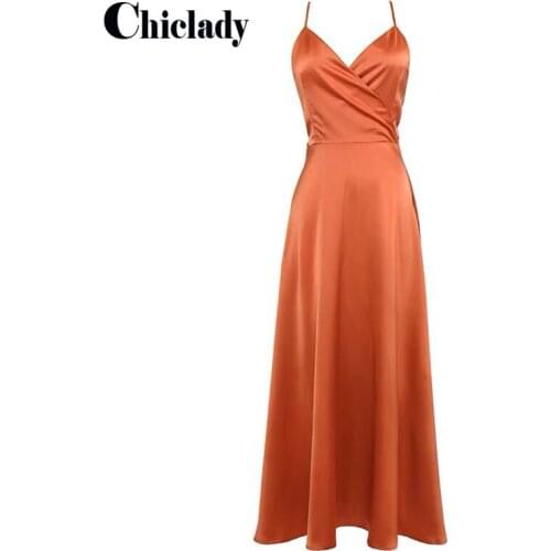 CHICLADY new fashion sexy backless A-line satin causal holidy beach midi dresses lady women orange party dress vestidos robe za