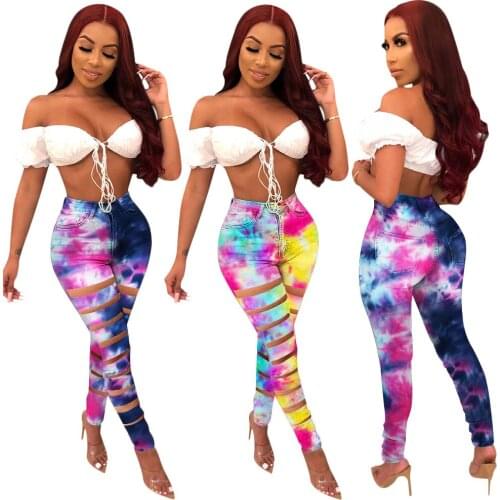 European and American Sexy Tight-Fitting Ripped Feet Pants Jeans Women Summer New High-Waist Tie-Dye Trousers Women
