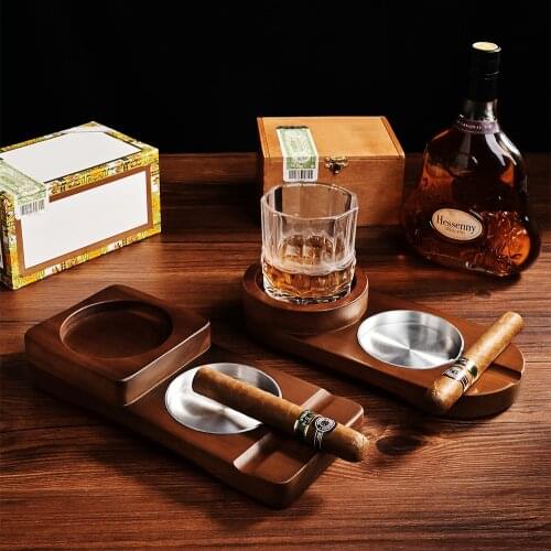 CIGARLOONG Wooden Cigar Ashtray Whiskey Cup Holder Creative Home Decorative Smoking Ash Tray Multi-function