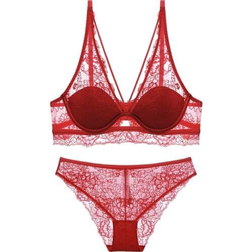 New Deep V Bra And Panty Sets For Women Thin Underwire Push Up Brassiere Floral Sexy Underwear Set Female Red Lingerie A B C D