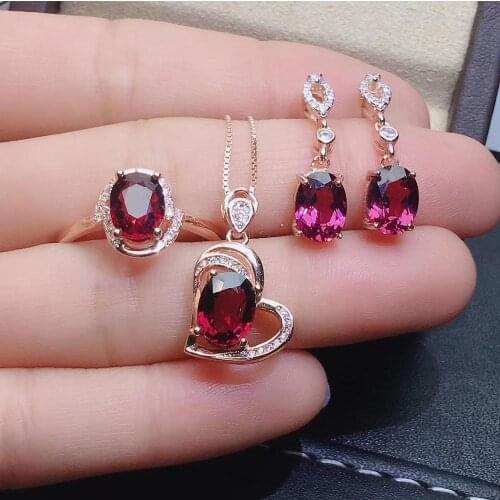 Romantic heart Peach Natural red garnet gem S925 silver ring pendant earrings natural gemstone Jewelry Set girl party jewelry