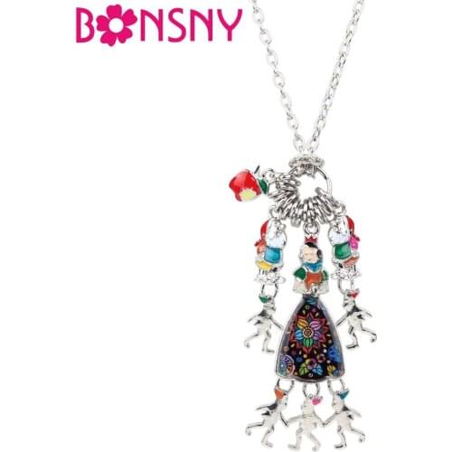 Bonsny Statement Enamel Alloy Fairy Tale Princess Necklace Pendant Chain Collar Fashion Figure Jewelry For Women Girls Gift Bulk