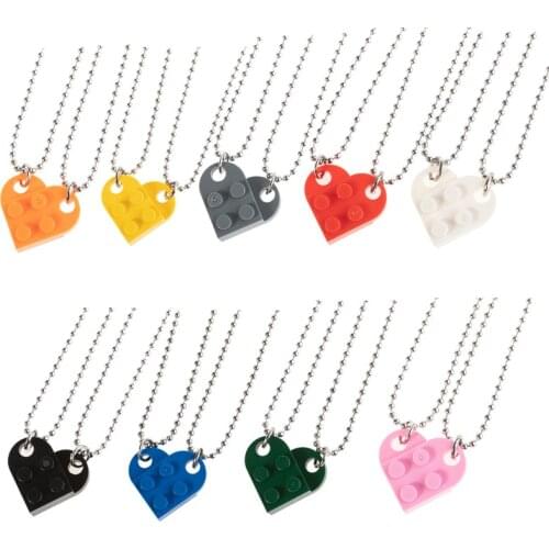 2pcs Heart-shaped Brick Necklace Love Pendant Double-layer Bead Chain Building Blocks Elements Couple Neck Chain Friendship Gift