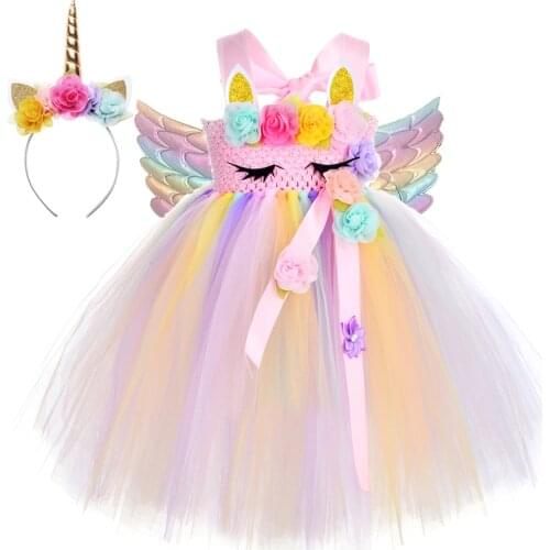 Flower Girl Unicorn Tutu Dress for Kids Christmas Halloween Costumes Girls Princess Dresses Mid-carf Outfit for Birthday Party