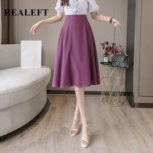 REALEFT 2021 New Summer Skirts for Women Elegant Solid Color High Waist Office Ladies A-Line Midi Length Skirts Saia