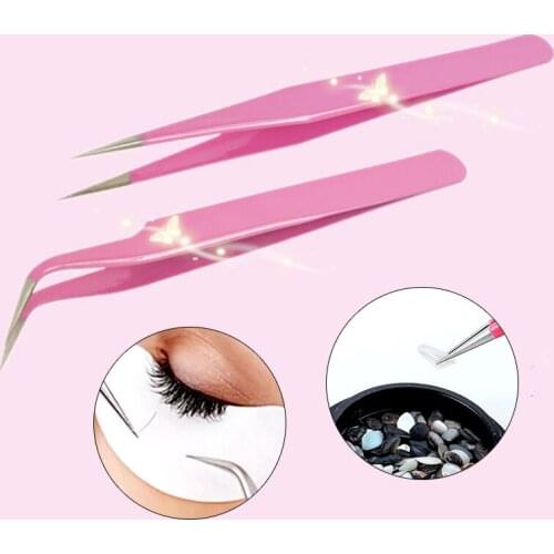 Stainless Steel Pink Curved Straight Tweezers For Eyelash Extensions Nail Art Nipper Eyebrow Hair Remover Clip Repair Tools