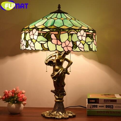 FUMAT Tiffany Style Table Lamps Lilac Flower Stained Glass Shade Alloy Casting Girl Tulip Frame Desk Lights Art Handcraft Decor