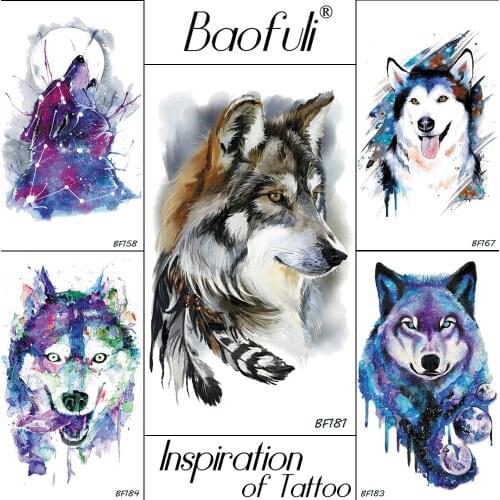 Baofuli Husky Galaxy Watercolor Tattoos Wolf Fake Tatoos Feather Triabl Moon Fox Temporary Totem Art Tattoo Stickers Women Men