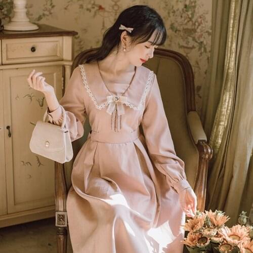 Japanese Kawaii Dress Womens Spring 2020 New Long Sleeved Lace Contrast Lapel Small Fresh Bow Sweet Cute Midi Dress Autumn