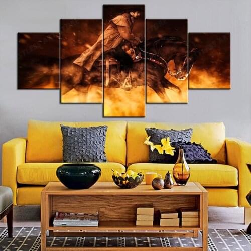 Yellow Wall Decor American Cowboy Pcituers Paintings 5 Panel Canvas Wall Art Modern Artwork Home Decor for Living Room Giclee