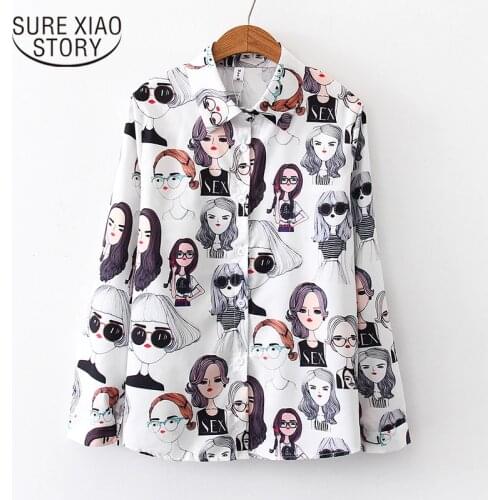 New Korean Style Vintage Beauty Print Long Sleeve Blouse POLO Collar Shirt Loose Blouses Cute Cartoon Shirts Women Tops 6712 50