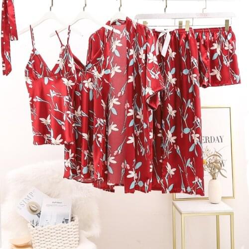 Sweet Flower Print Lady 5PCS Sleep Suit Spring New Faux Silk Home Clothes Sexy V-Neck Strap Top&Pant Nightwear Casual Sleepwear